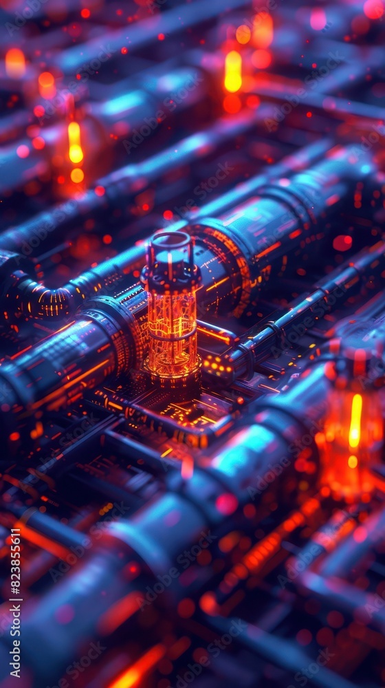 Poster close-up image of a futuristic circuit board with glowing neon lights and intricate wiring. perfect 