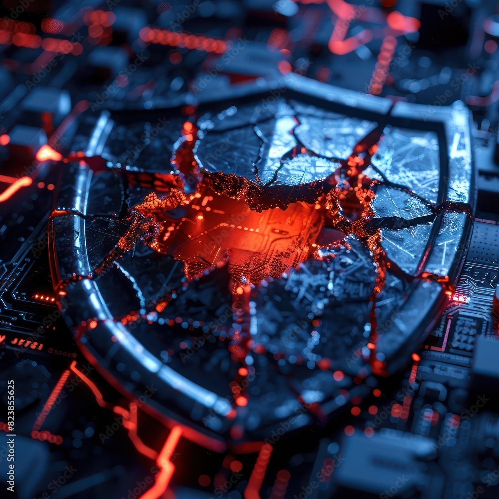 Poster close-up of a damaged shield on a circuit board highlighting cybersecurity breach or vulnerability c