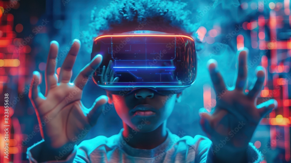 Poster child using virtual reality headset with neon lights, exploring virtual world with immersive technol