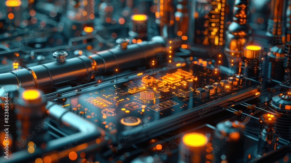 Aufkleber close-up of a futuristic circuit board with glowing elements, representing advanced technology and e