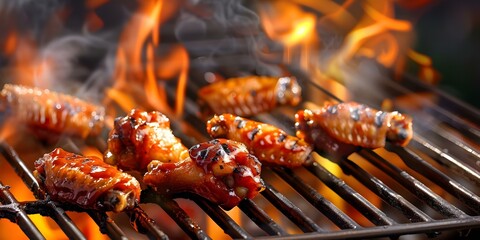 Grilled Chicken Wings in BBQ Sauce with Flames in the Background. Concept BBQ Food Photography, Grilled Chicken Wings, Flames, Food Styling, Outdoor Cooking