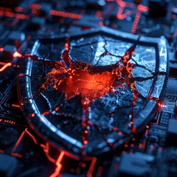 Close-up of a damaged shield on a circuit board highlighting cybersecurity breach or vulnerability concept with glowing red elements.