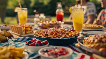 featuring a table laden with classic American cookout fare, including apple pie and lemonade, framed by soft-focus guests enjoying the meal, Memorial Day, Independence Day, with co