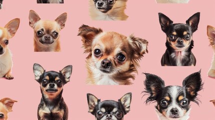Obraz premium featuring a collage of small dog breeds like Chihuahuas and Pomeranians against a pastel pink background, highlighting their tiny features and lively expressions, Pets, Animal, Cut