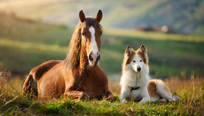 Dog and horse lie on grass next each other and rest