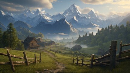 Beautiful mountain landscape with a scenic valley, rustic wooden fences, and traditional huts under a clear blue sky.