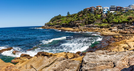 Sydney, Australia - Bondi to Bronte Coastal Walk. Famous hiking trail with sea views along the cliffs between famous Sydney beaches.