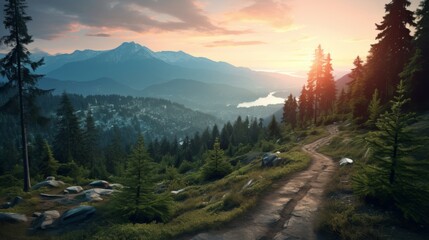 Obraz premium Scenic mountain landscape with a winding path, dense forest, and a serene lake at sunset, perfect for nature enthusiasts and outdoor adventures.
