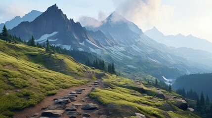 Fototapeta premium A serene mountain path in summer, surrounded by lush greenery and overlooking foggy peaks under a clear blue sky.