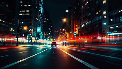 Fototapeta premium Image of Blurry view of city traffic lights and car at night for background wallpaper.- Generated AI