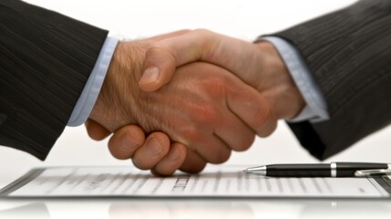 Business partners shaking hands over a signed contract, symbolizing agreement and successful business negotiations.