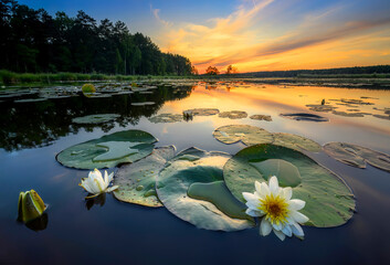 Beautiful summer sunrise with water lily flowers in the lake
