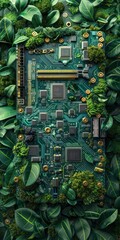 Eco-friendly technology concept with a computer motherboard integrated into green leaves, symbolizing sustainability.