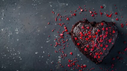 Heart-shaped chocolate cake with red sprinkles on a dark background.