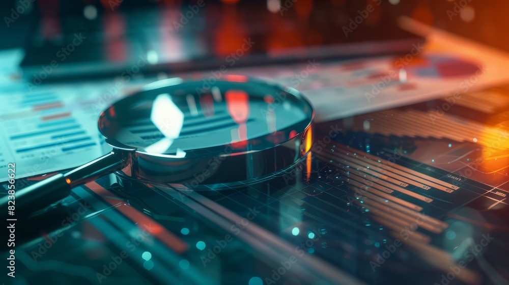 Aufkleber magnifying glass and documents with analytics data lying on table,selective focus with generative a