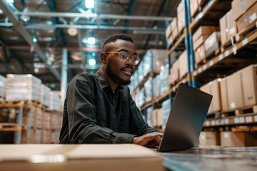 Fototapeta premium Man using laptop in warehouse setting