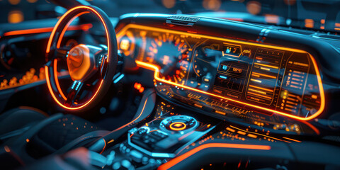 Futuristic car dashboard with glowing neon lights and digital displays, showcasing advanced automotive technology and modern design.