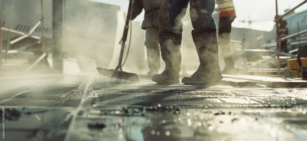 Poster steam rises from the freshly poured concrete as workers use large power screeds to create a smooth a