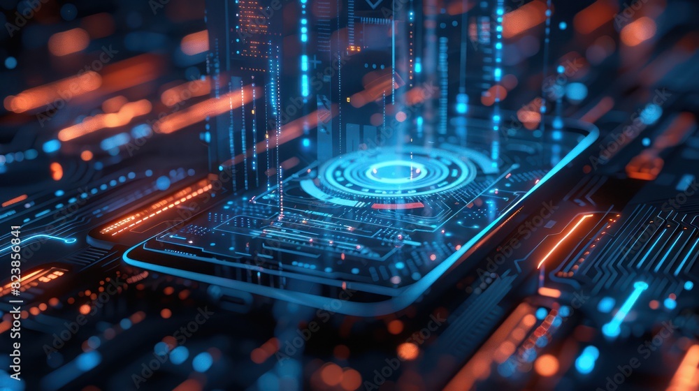 Poster futuristic digital technology concept showing glowing circuit board with data visualization on dark 