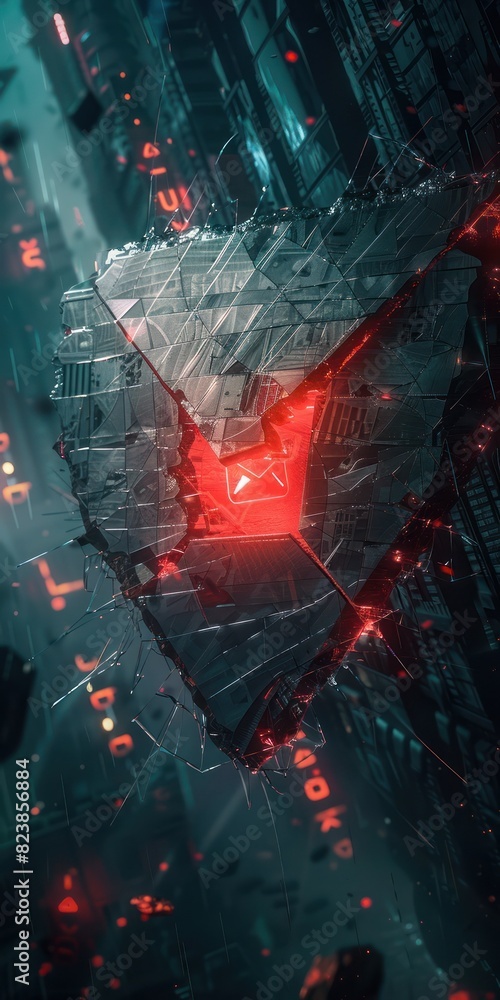 Poster futuristic glowing triangle with red and blue digital elements, creating an abstract sci-fi, cyberpu