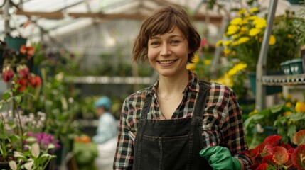A Smiling Woman in Greenhouse