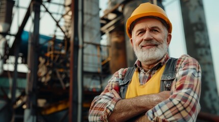older owner engineer with beard mustache on face standing smile with his arms crossed at construction factory site