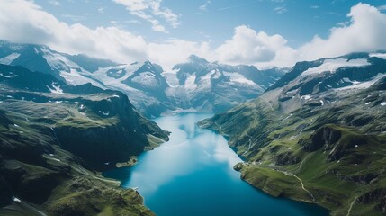 Obraz premium Majestic Alpine Landscape: Serene Lake Amidst Snow-Capped Peaks. Generative AI