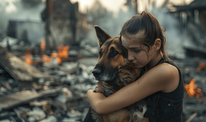 A girl hugs her dog while sitting on the ashes of a burnt house.