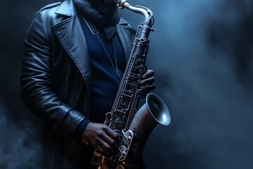 Saxophonist with sax in atmospheric smoke