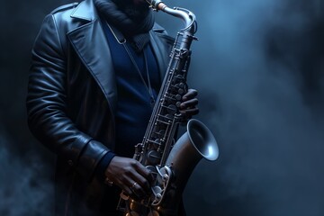 Obraz premium Saxophonist with sax in atmospheric smoke