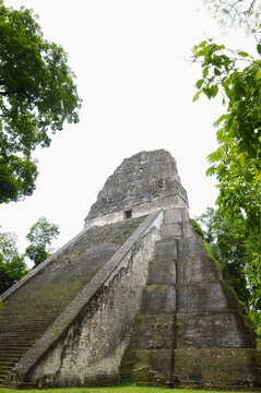 Vistas desde abajo del templo maya gran jaguar en el parque nacional de Tikal en Guatemala.
