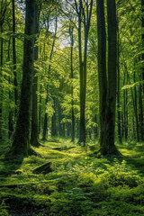 Obraz premium Beech forest in spring, with tall trees and green leaves, sunlight filtering through the canopy, a sense of tranquility and natural beauty.