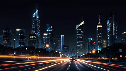 Image of Blurry view of city traffic lights and car at night for background wallpaper.- Generated AI