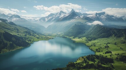 Breathtaking Alpine Landscape: Majestic Mountains and Serene Lake. Generative AI