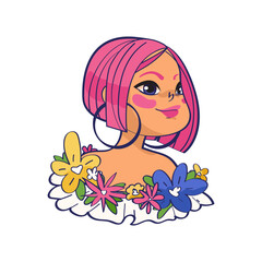 A beautiful girl with pink bob haircut with some flowers on dress isolated on white background. Summer woman illustration