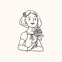 Outline Girl holding a flower. Line art hand drawn style vector cute woman illustration