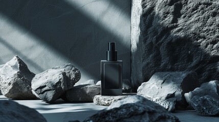 Minimalist Perfume Bottle Design Amidst Natural Rocks. Generative AI