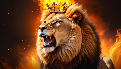 Naklejka premium A Proud ,Majestic Lion Roars ,the King of the Jungle -A Raging Fire Roars in the Background