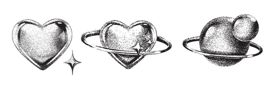 Chrome photocopy heart print set, vector y2k retro futuristic love shapes, cosmic grain halftone kit. Dot texture space sticker, February Valentine stamps, silver grunge noise shape. Heart print art