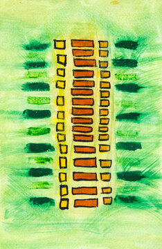 Green painting with geometric detail