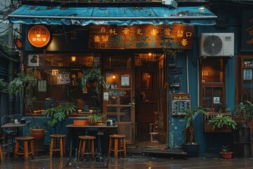 Chinese small restaurant with tables outside , vintage aesthetic ,muted colors, retro concept.