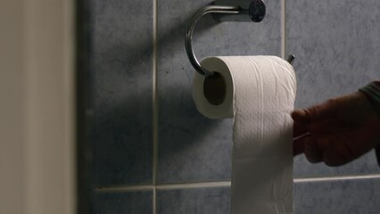 Hand getting toilet loo roll in bathroom 