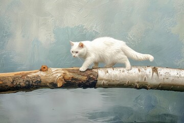 Journey of Curiosity: White Cat Crossing Rustic Log Bridge