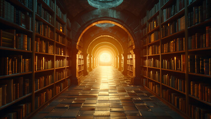 Bookshelf archway bathed in golden radiance