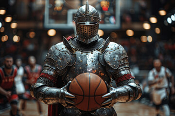 Medieval knight basketball player stands with a basketball before the game in the background of the...
