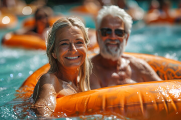 Senior couple floating on a tropical river, smiling and enjoying.