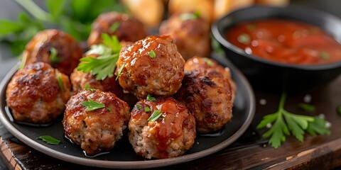 Savory Meatball Appetizers with Dipping Sauce: Ideal for Party Sharing. Concept Meatball Recipes, Appetizer Ideas, Dipping Sauces, Party Sharing, Savory Delights