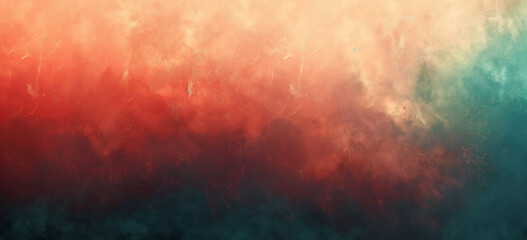Digital grunge gradient background, texture with subtle grain, warm red fading into cool teal, abstract watercolor background with clouds