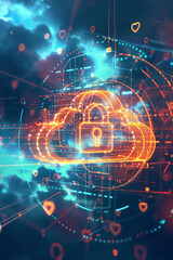 Fototapeta premium A padlock icon hovering in the center with a cloud shape in the background, surrounded by digital shields and encrypted codes, signifying robust cloud security and data protection.