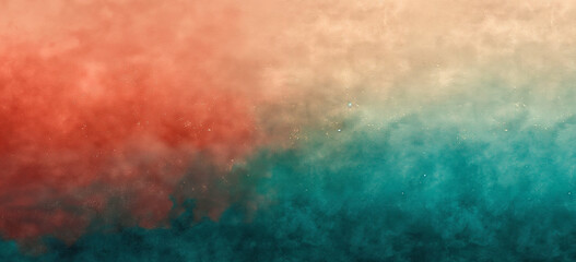 Digital grunge gradient background, texture with subtle grain, warm red fading into cool teal, abstract watercolor background with clouds
